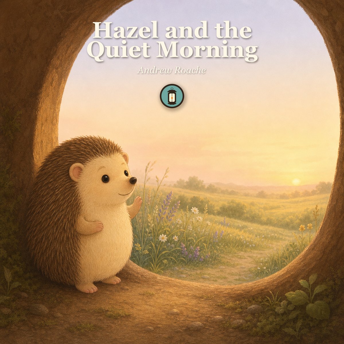 Hazel the Hedgehog looking out from her burrow at a sunrise meadow.