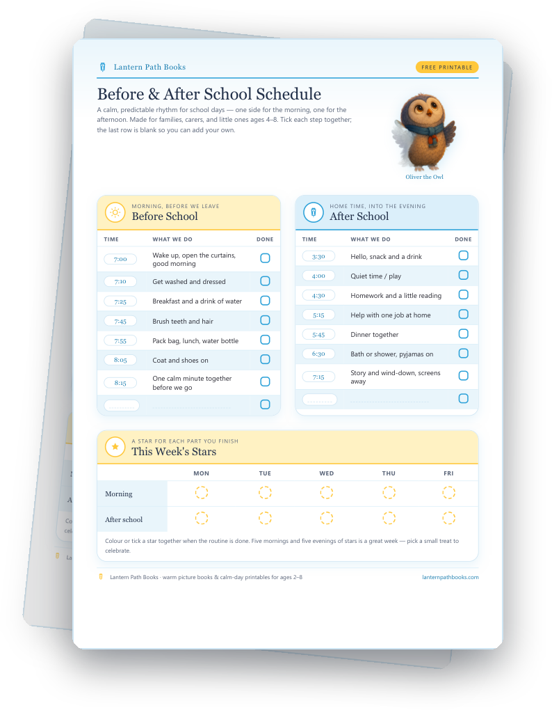 The printable Before & After School Schedule shown as a sheet with a morning routine, an after-school routine, and a weekly star chart, with Oliver the Owl in the corner.