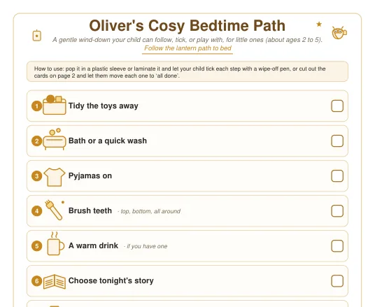 The top of Oliver's Cosy Bedtime Path checklist, showing the first gentle steps: tidy the toys away, bath or a quick wash, pyjamas on, brush teeth, a warm drink, choose tonight's story.