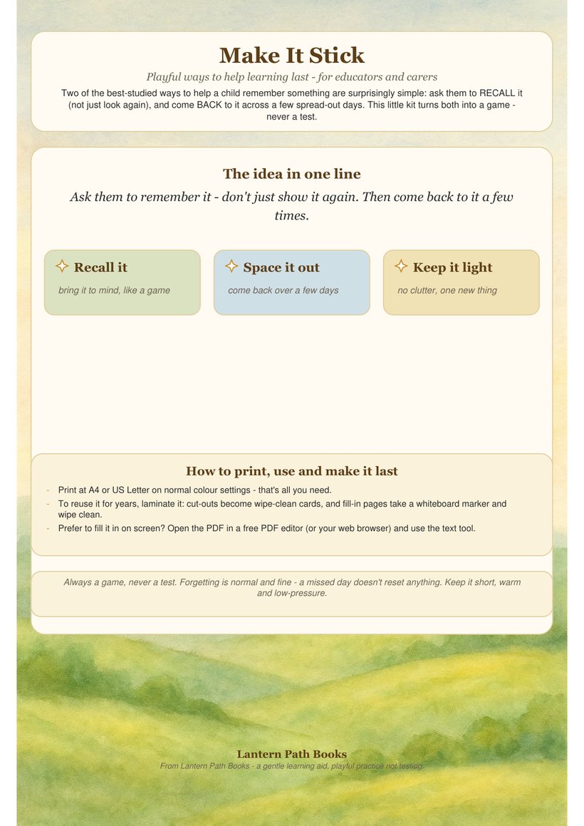 Preview of Make It Stick, a recall game, Come-Back Calendar and practice strip.