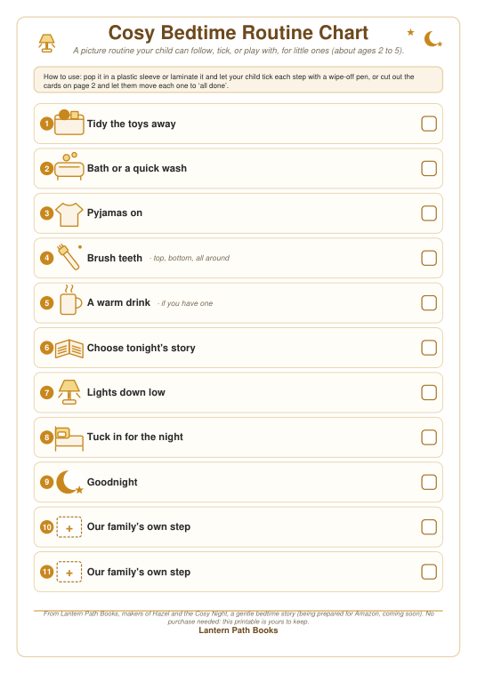 The printable Cosy Bedtime Routine Checklist: a gentle one-page wind-down with steps like tidy away, a little wash, pyjamas on, brush teeth, a warm drink, choose tonight's story, lights down low, a cuddle and a goodnight.