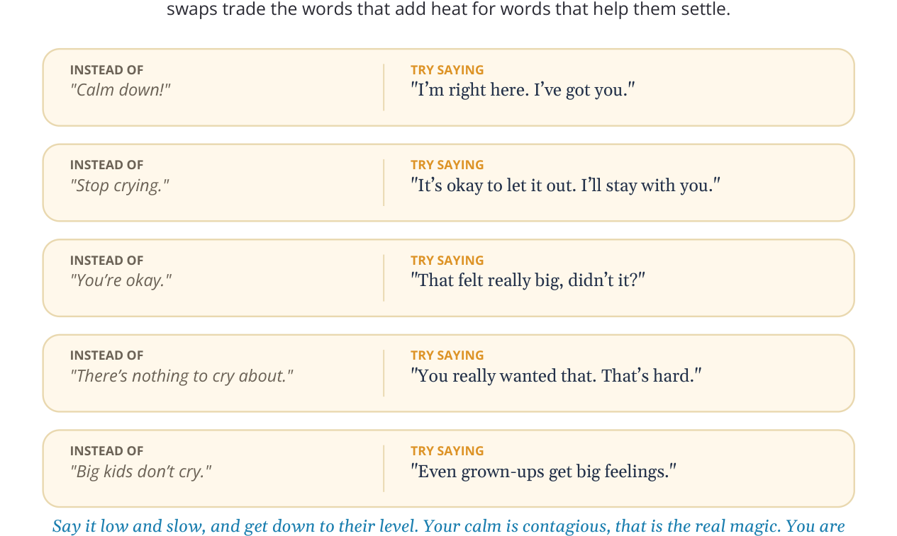 A peek inside the kit: what to say instead of calm down. Instead of 'Calm down!', try 'I'm right here. I've got you.' Instead of 'Stop crying', try 'It's okay to let it out. I'll stay with you.'