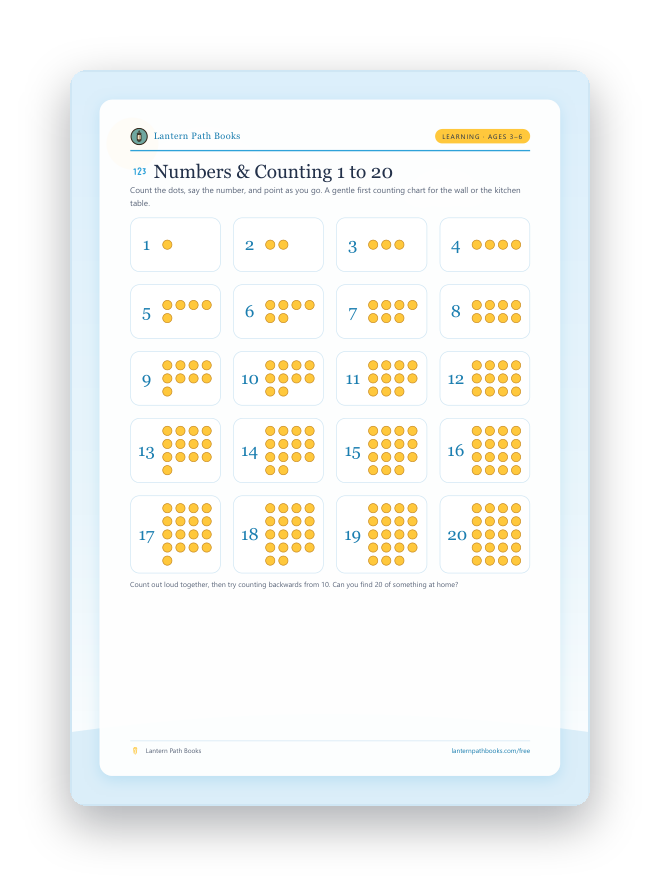 A printable Numbers and Counting 1 to 20 chart.
