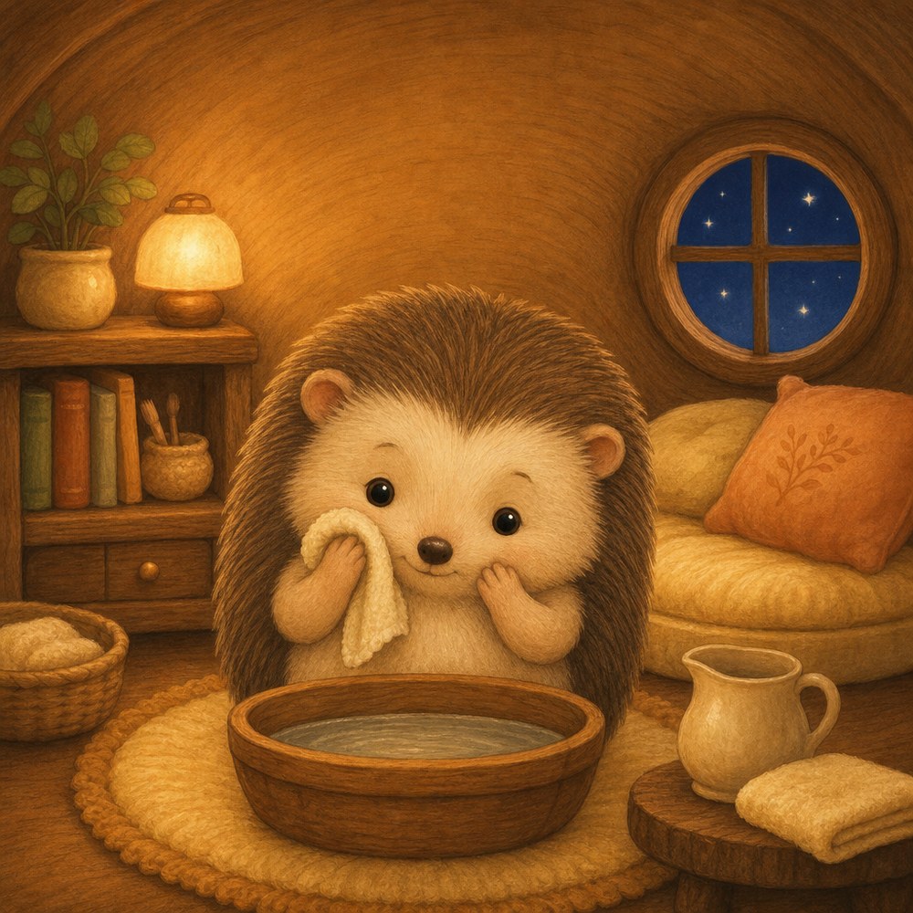 Hazel the hedgehog washing her face at a little wooden basin in her warm, golden burrow.
