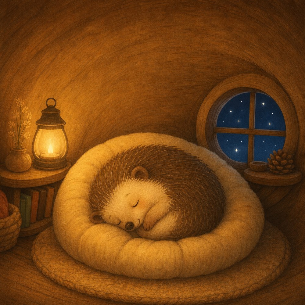 Hazel fast asleep, curled up snug in her cosy bed as the burrow glows softly.